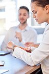 Business woman, watch and worry in meeting of late schedule, time management or anxiety. Female worker, stress and check wristwatch clock of deadline problem, burnout and frustrated waiting in office