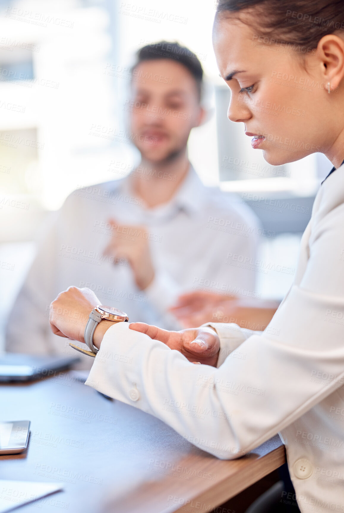 Buy stock photo Business woman, watch and worry in meeting of late schedule, time management or anxiety. Female worker, stress and check wristwatch clock of deadline problem, burnout and frustrated waiting in office