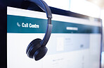 Headset, computer or screen in call center, customer service or contact us office for help, support or b2b lead generation. Zoom, headphones or telemarketing equipment on consulting technology in crm