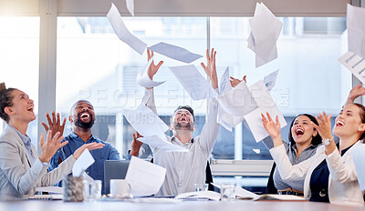 Buy stock photo Documents, winner and success with a business team throwing paper into air during a boardroom meeting. Teamwork, wow and a group of people in celebration of a target or goal together in the office