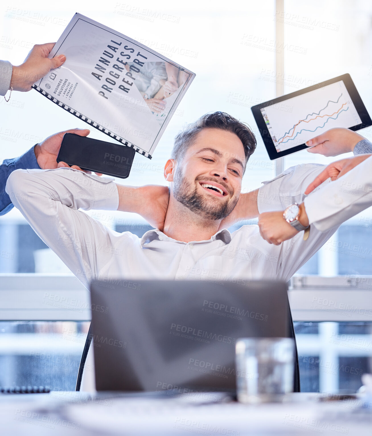 Buy stock photo Business man, time and relax in office after finishing tasks, projects and work in company office. Corporate success, break and happy male employee resting after goals, targets and deadlines complete