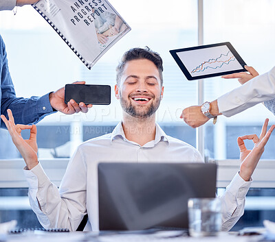 Buy stock photo Relax, lotus and business man in office meditation for time management, office balance or peace at his desk. Calm worker, happy person or manager stress relief on technology, documents or chaos hands