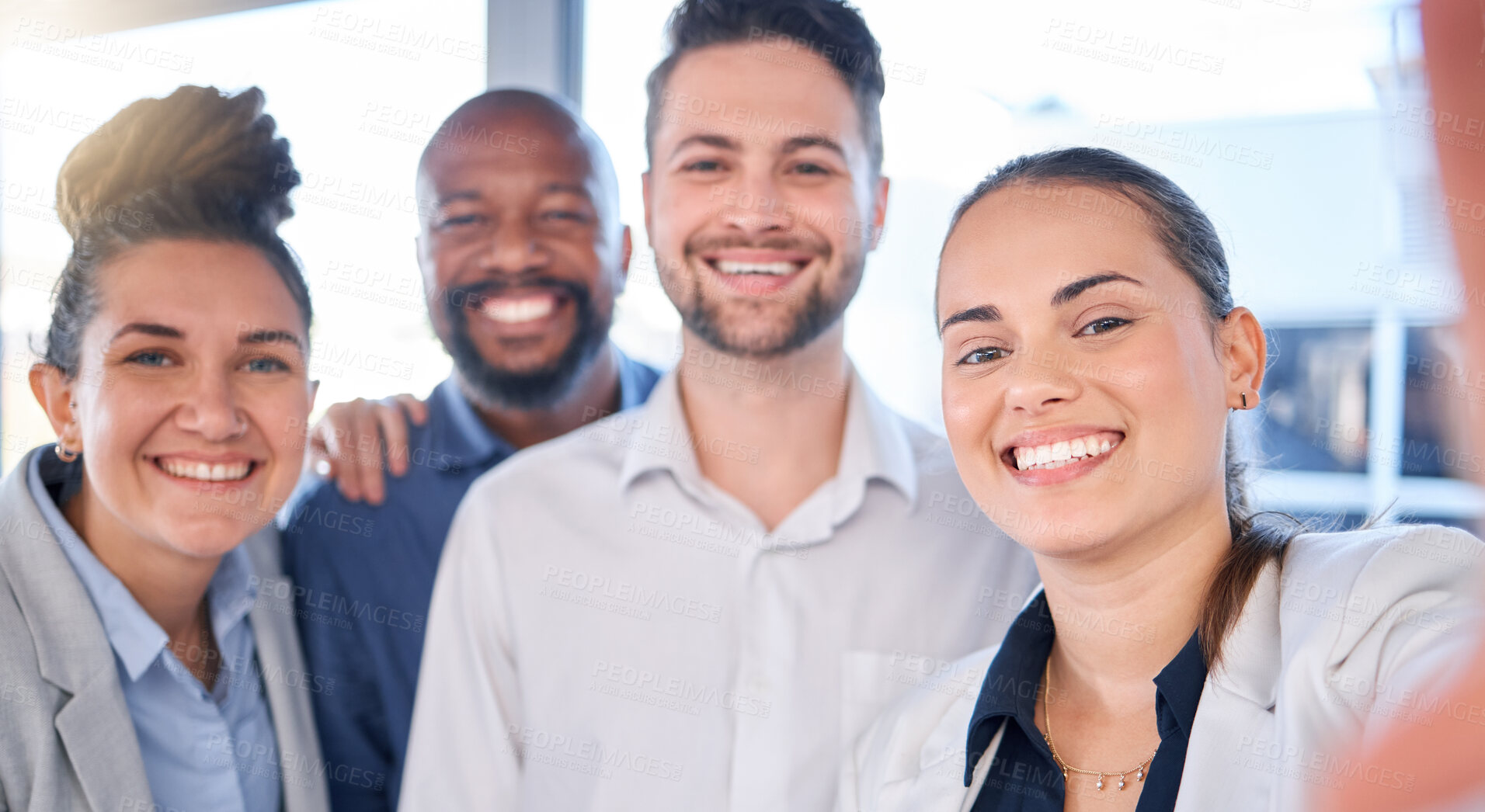 Buy stock photo Business people, face and portrait smile for selfie, profile picture or vlog together at the office. Happy group of employee workers smiling for photo, memory or online social media post at workplace