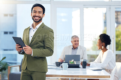 Buy stock photo Tablet, portrait and business man with online management, company leadership and employee engagement goals. Face of professional asian, entrepreneur or person on digital technology in office meeting