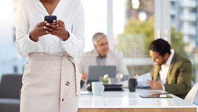 Buy stock photo Phone, typing and business woman in meeting networking, corporate planning and cellphone communication. Person hand holding smartphone for office schedule, workflow and time management on mobile app