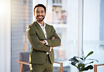 Professional portrait of asian man in office with leadership, business mindset and happy career with designer fashion. Face of a proud and confident Japanese manager, boss or entrepreneur with smile