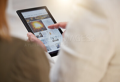 Buy stock photo Tablet, news and article with a business team reading headlines together in their office at work. Media, internet or research with a man and woman employee searching for information online