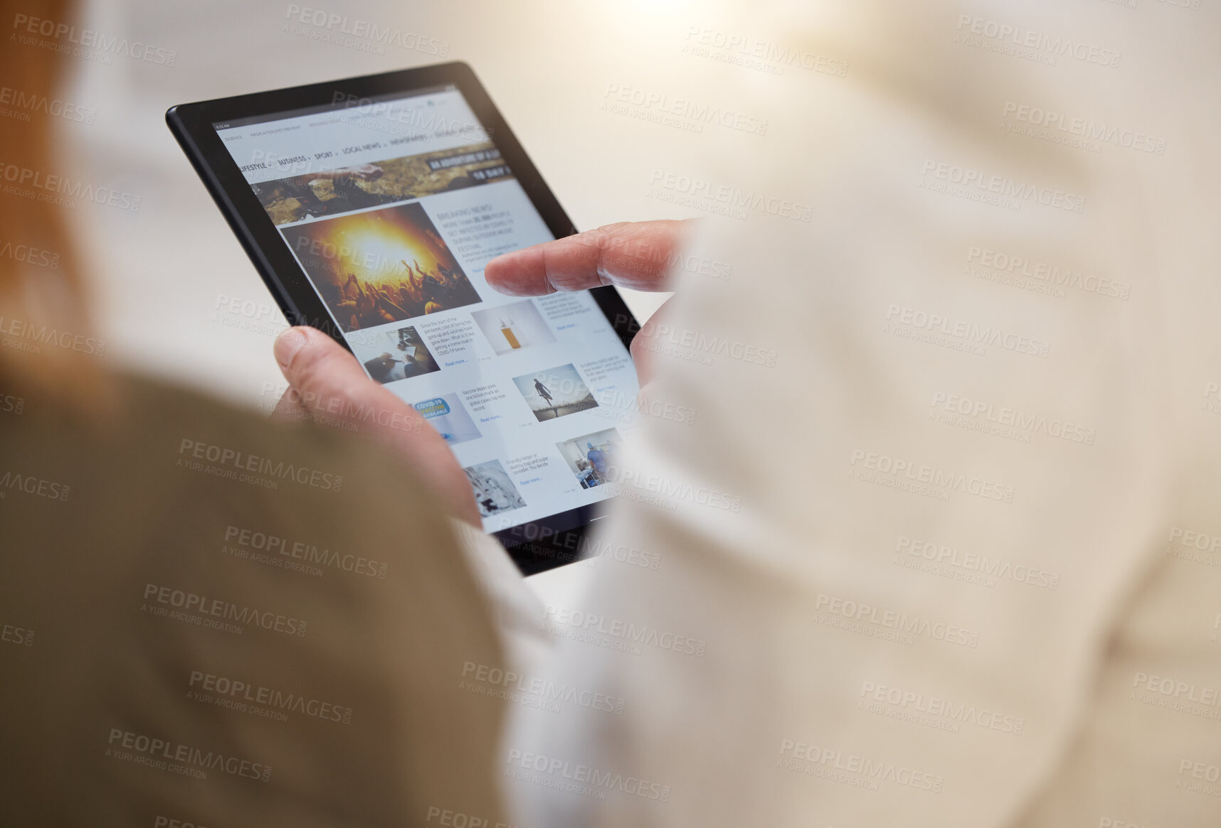 Buy stock photo Tablet, news and article with a business team reading headlines together in their office at work. Media, internet or research with a man and woman employee searching for information online