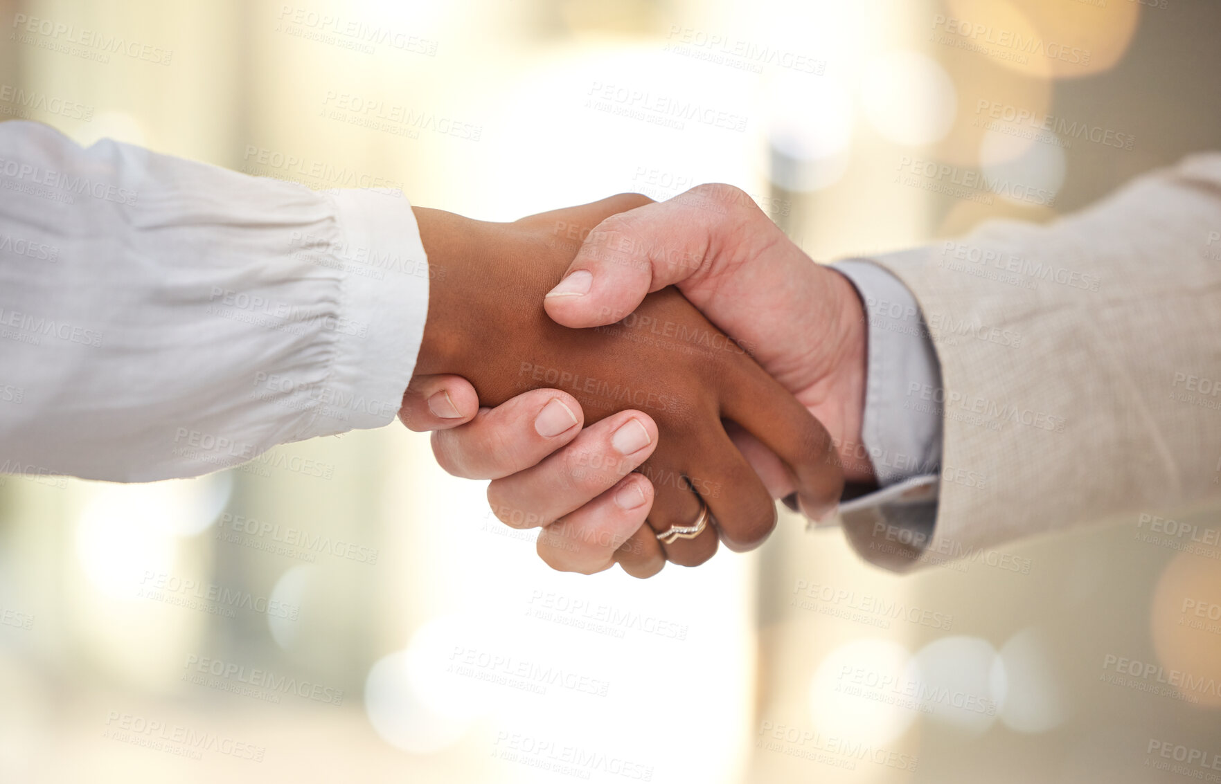 Buy stock photo B2b, black woman or businessman shaking hands in deal, meeting or startup project partnership together. Teamwork, handshake or people with sales goals, bonus target or hiring agreement in office