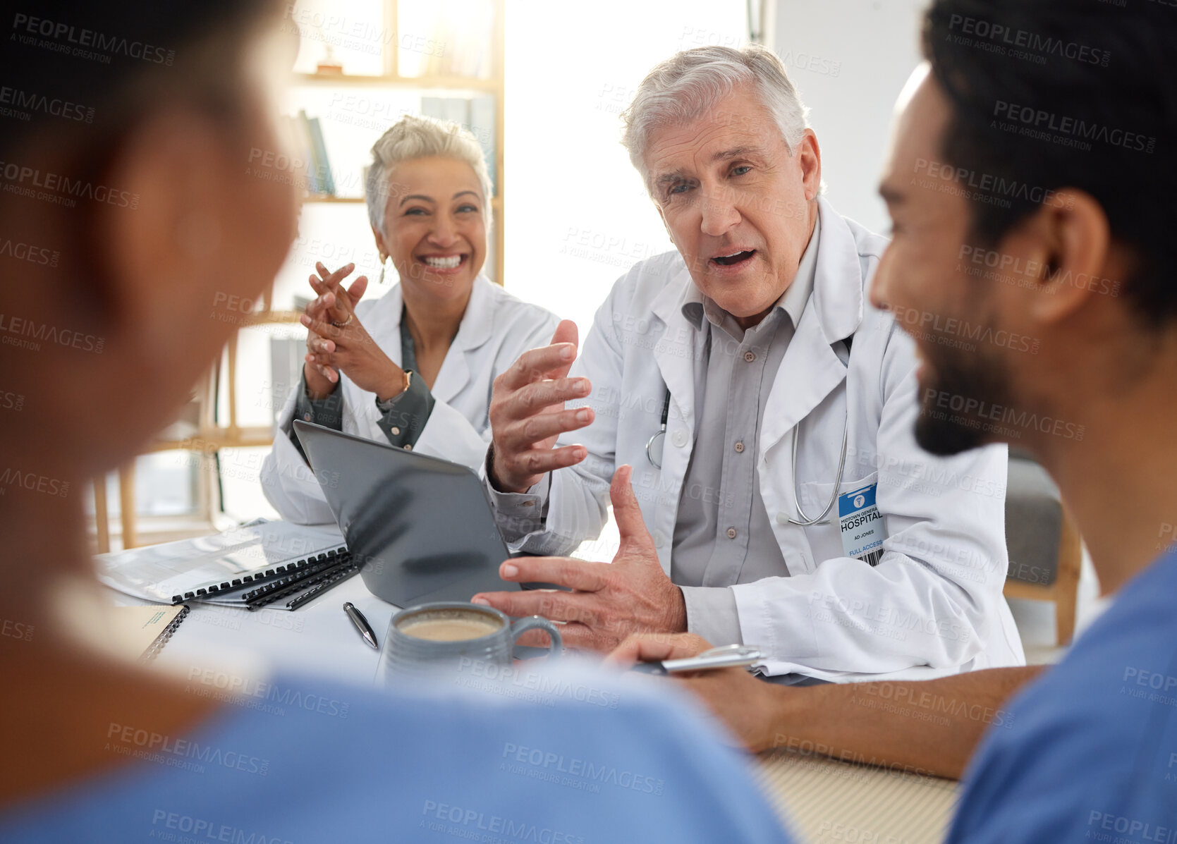 Buy stock photo Team work, planning. or doctors in meeting for a surgery strategy working in hospital for healthcare. Happy smile, medical research or nurses talking, speaking or helping innovation or ideas together