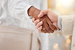 Handshake, agreement and greeting business people in partnership in a deal in a corporate office for collaboration. Hands, closeup and teamwork by employee or colleagues onboarding in support