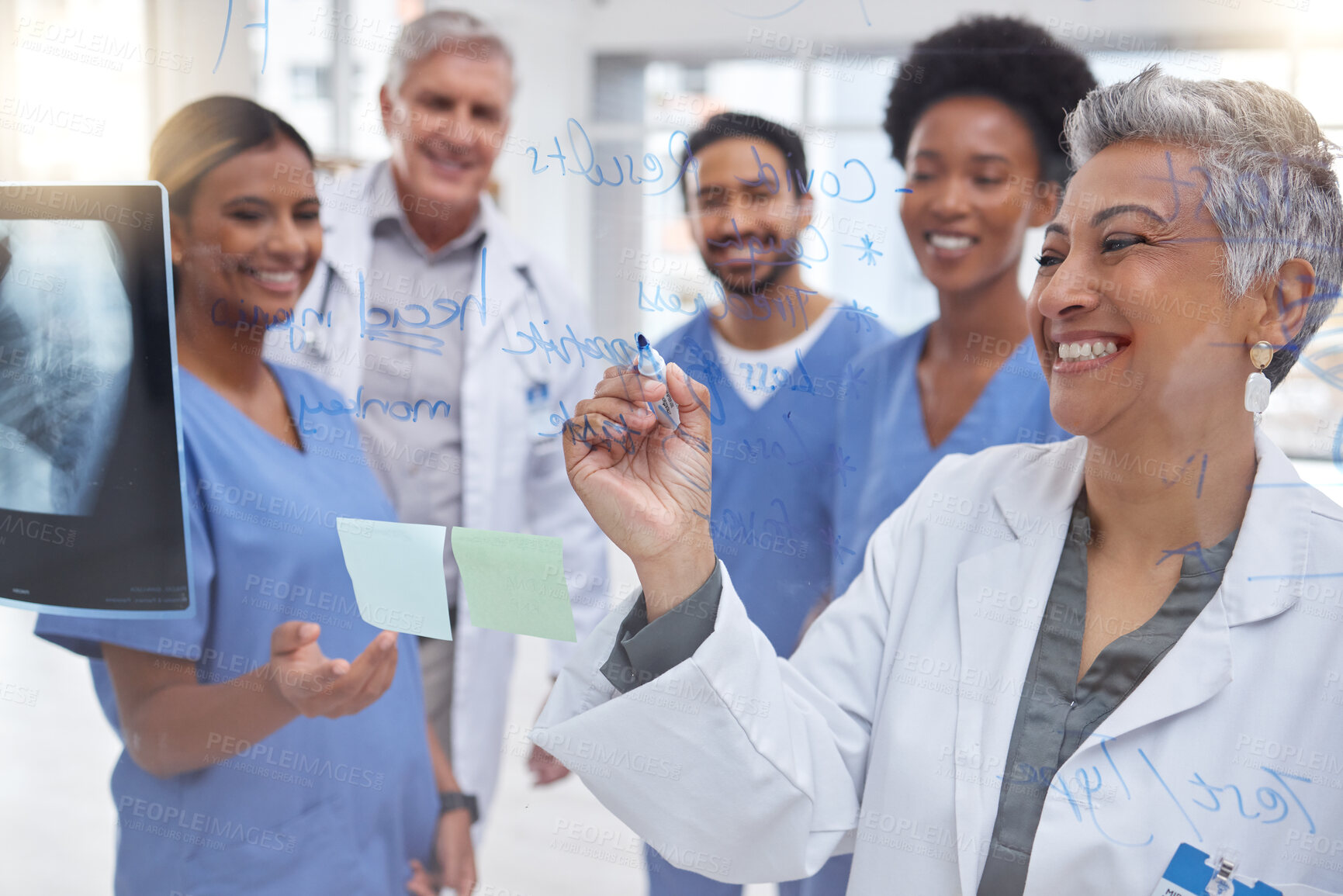 Buy stock photo Medical research, planning x ray or doctors writing on glass board, strategy working in hospital for future medicine. Happy smile, team work or nurses meeting for health innovation or ideas together