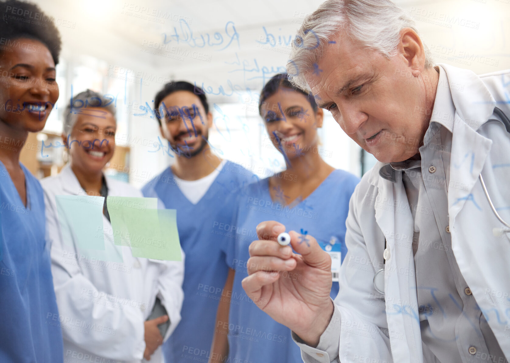 Buy stock photo Team work, planning or doctors writing on glass board planning a strategy working in hospital for future healthcare. Smile, teamwork or senior nurses meeting for medical innovation or ideas together