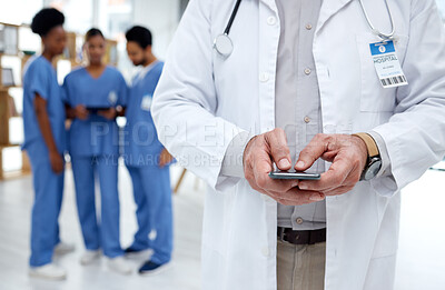 Healthcare, hospital and hands of doctor with phone for research, telehealth and medical consulting. Nurse team, clinic and health worker on smartphone for patient data, wellness app and internet