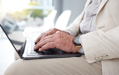 Buy stock photo Typing, senior and laptop with hands of man in waiting room for job interview, information and search. Application, hiring and online with person in office for planning, internet and preparation