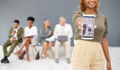 Buy stock photo We are hiring, woman and smartphone with connection, recruitment and people waiting for job interview. Closeup, female and lady with cellphone, recruiting and information for open position and group