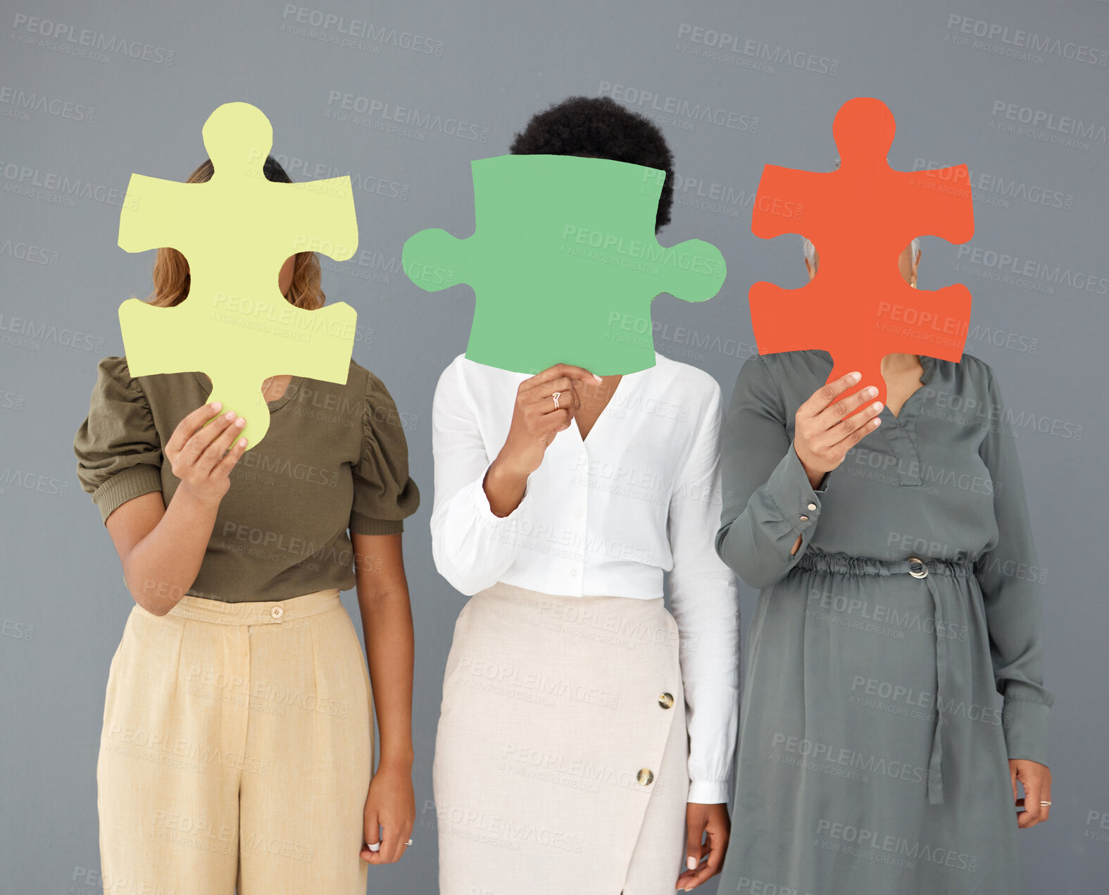 Buy stock photo Teamwork, jigsaw puzzle and business people together for collaboration, innovation and solidarity. Entrepreneur women hold color icon in hand for connection, creativity and solution to solve or join