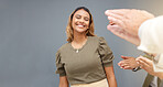 Business woman, success and team applause for leader or winner achievement, growth or motivation. Happy entrepreneur person with celebration gray background studio space and staff clapping hands