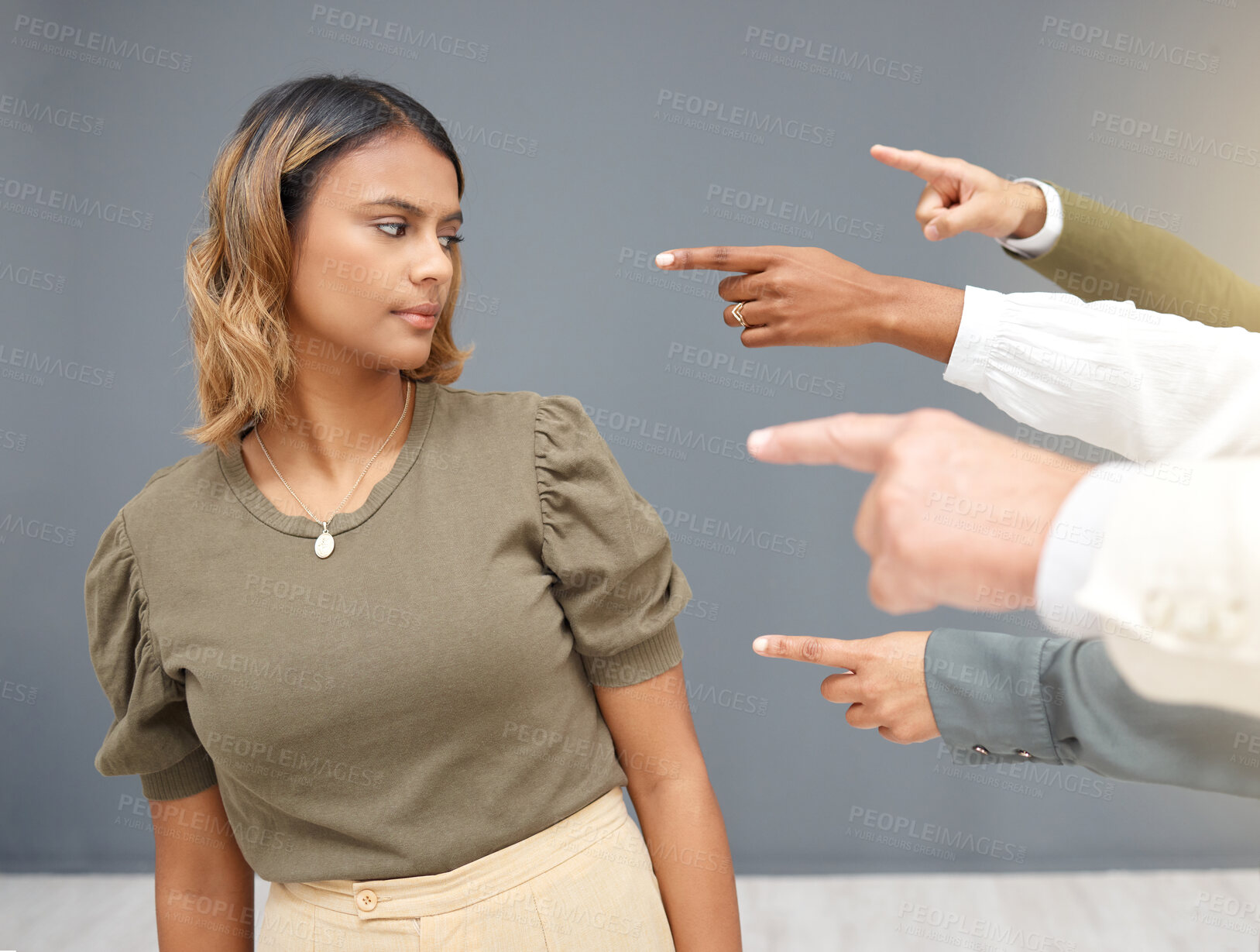 Buy stock photo Guilty, pointing and fingers with business woman for bullying, shame and accusation in workplace. Fraud, blame and judgment with employee for negative, conflict and responsible with wall background