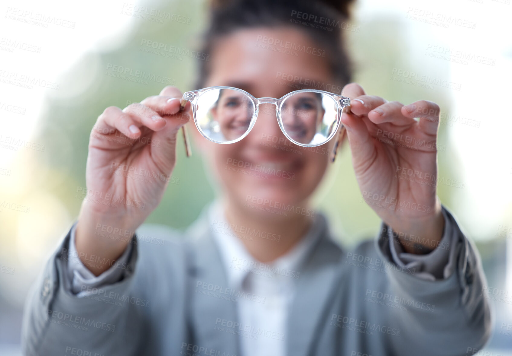 Buy stock photo Business woman, vision and glasses in hands, face reflection and focus with designer frame and prescription lens. Optometry, health for eyes and eyewear, eye care with corporate female and eyesight