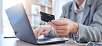 Hands, laptop and credit card for ecommerce, online shopping or banking on the office desk. Hand of business person or shopper typing on computer for internet purchase, bank app or transaction