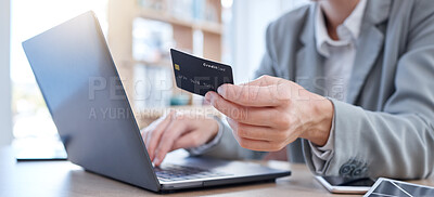 Buy stock photo Hands, laptop and credit card for ecommerce, online shopping or banking on the office desk. Hand of business person or shopper typing on computer for internet purchase, bank app or transaction