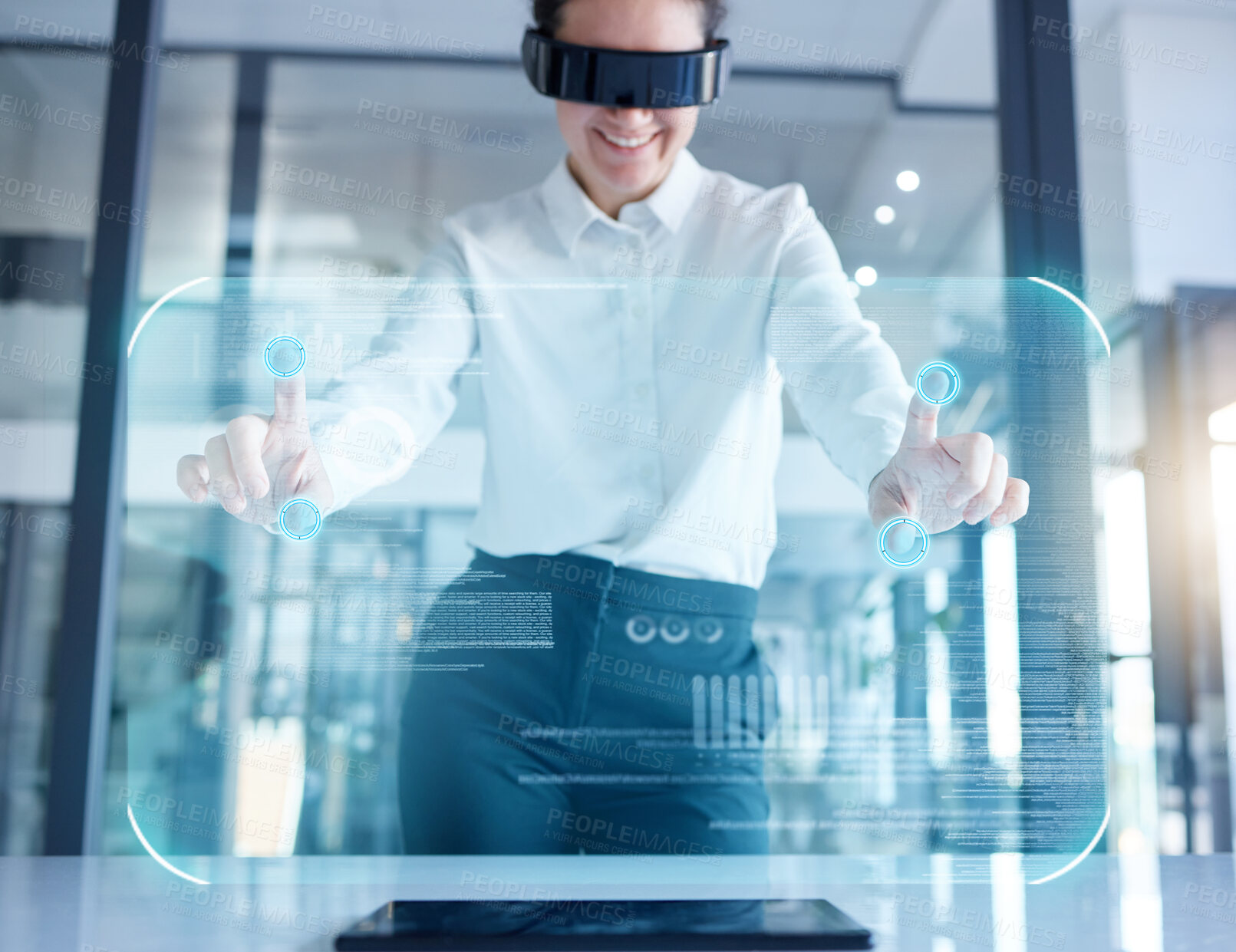 Buy stock photo Business woman, hands and VR with 3D UI hologram in digital transformation, analytics or data innovation. Female in virtual reality with headset for futuristic technology, UX or holographic display