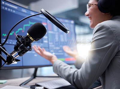 Buy stock photo Stock market podcast, microphone and live streaming of investment growth with radio presenter. Fintech influencer, stocks chat and trading information communication of social media online speaker 