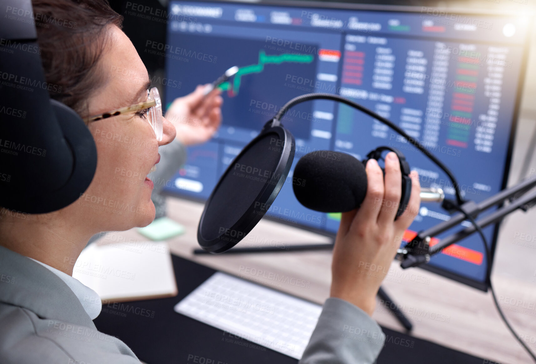 Buy stock photo Trade, investment and woman with microphone, financial podcast and advice for budget and radio. Trading, female investor or manager with equipment, computer or happiness for accounting and consultant