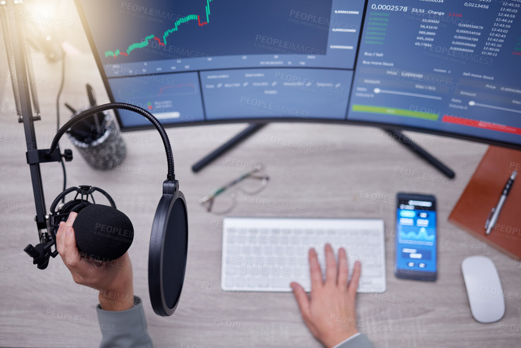 Buy stock photo Microphone, person hands and podcast studio, computer screen and stock market news, radio or audio update. Mic, sound technology and reporter on pc monitor for broadcast, trading and statistics above