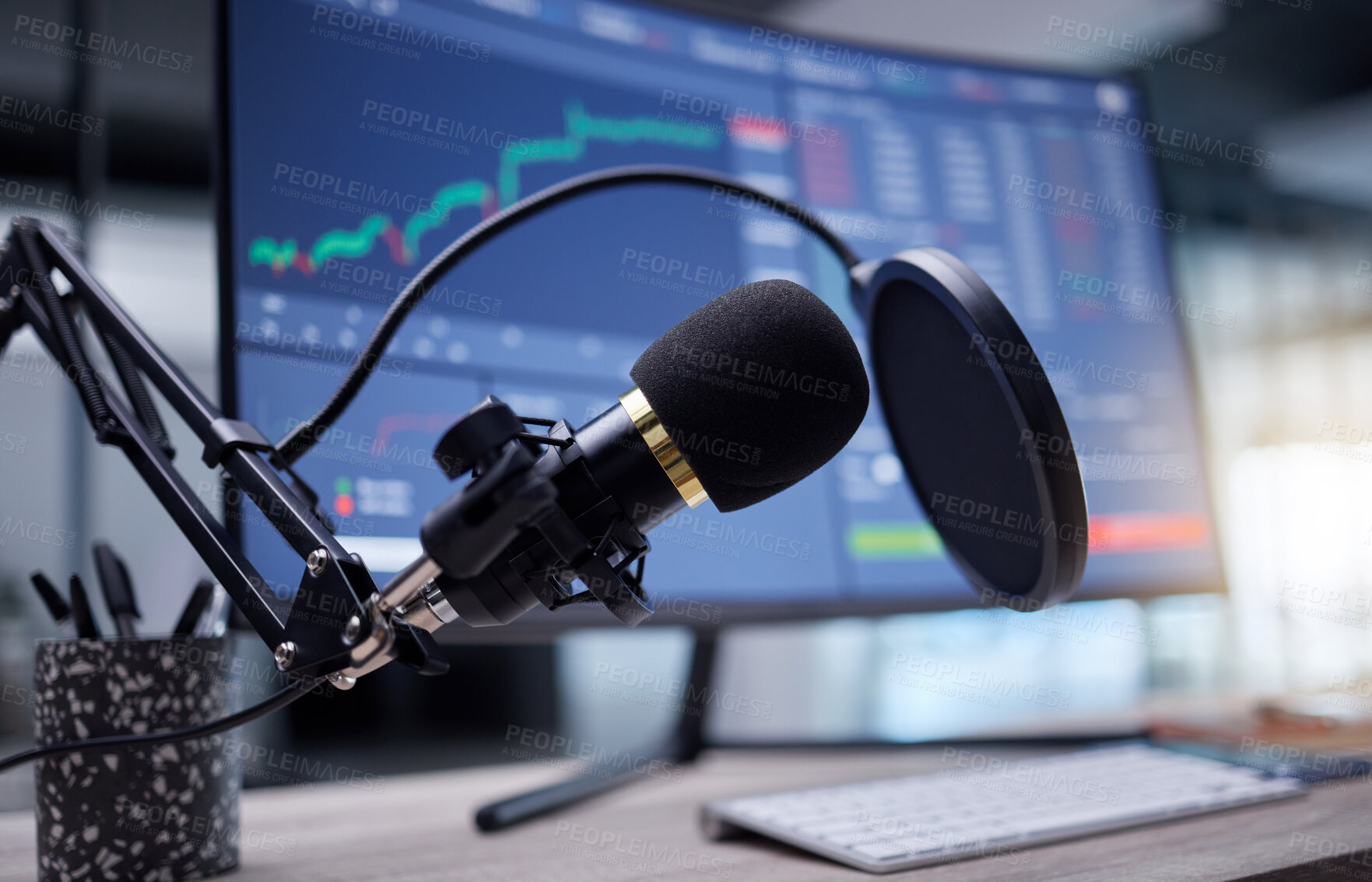 Buy stock photo Microphone, studio and computer screen for podcast, radio or audio news on stock market update background. Mic, sound technology and pc monitor for broadcast, trading review and algorithm statistics