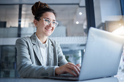 Buy stock photo Professional woman typing on laptop in online internship job, research or career business management. Happy young person working on notebook computer for software, app or internet review or analysis