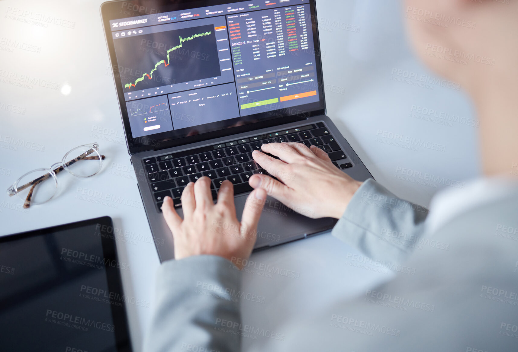 Buy stock photo Hands, laptop and trading in cryptocurrency, bitcoin or blockchain monitoring, chart or profit of investment. Hand of trader, investor or broker with computer on stock market for NFT or ecommerce