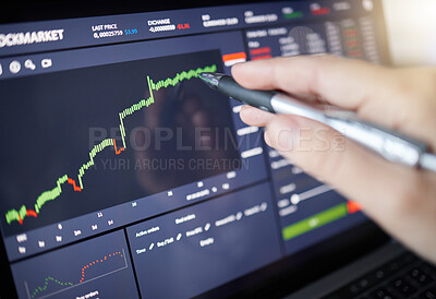 Buy stock photo Hands, laptop and monitoring stock market chart or graph for trading, cryptocurrency or profit of investment. Hand of trader, investor or broker on computer checking candle stick increase to invest