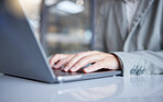 Professional woman hands typing on laptop online planning, research and digital management or strategy. Closeup of young person copywriting or working on notebook computer software, app or internet