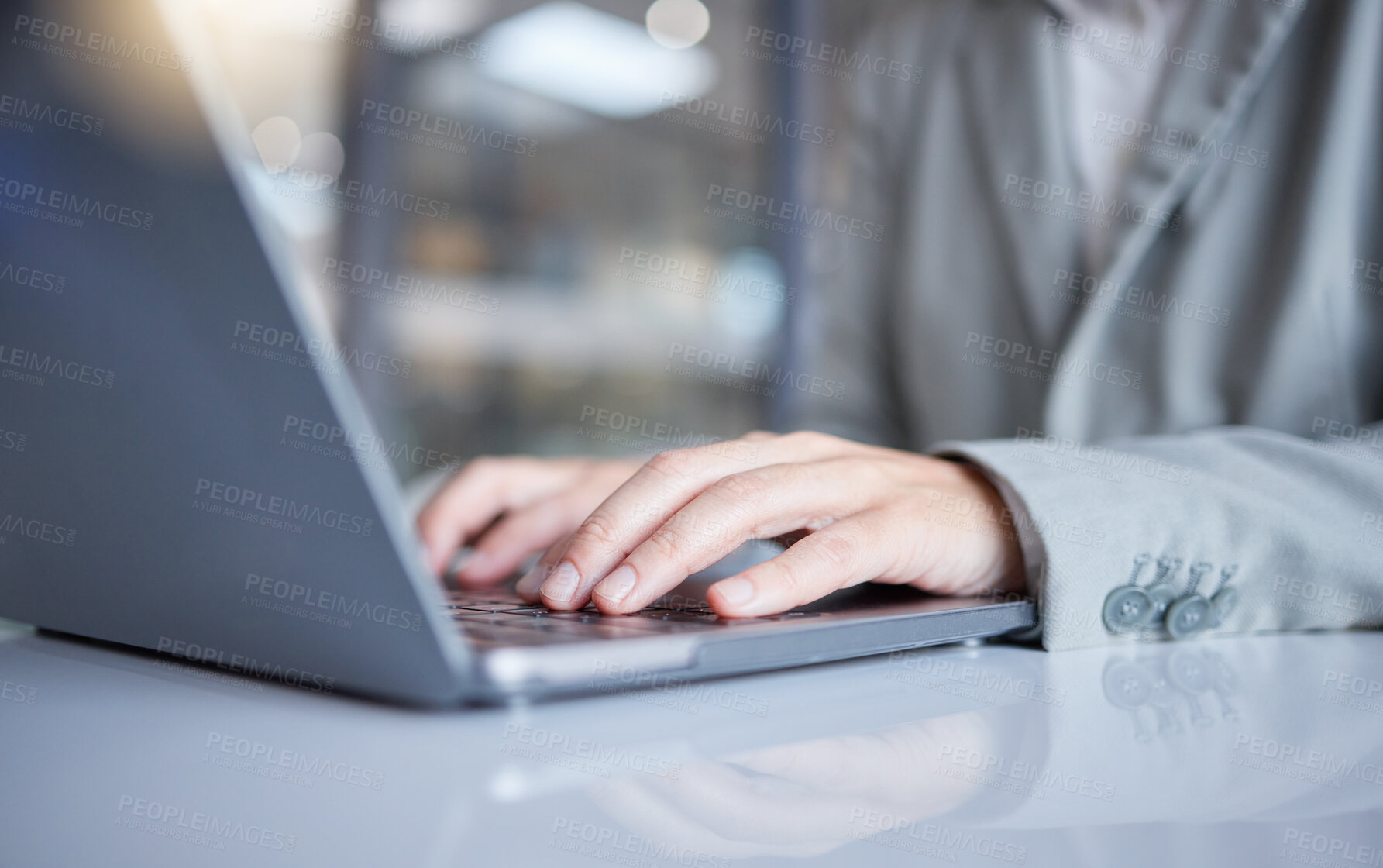 Buy stock photo Professional woman hands typing on laptop online planning, research and digital management or strategy. Closeup of young person copywriting or working on notebook computer software, app or internet