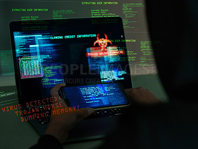 Buy stock photo Cybersecurity, fraud and hands on a laptop and phone while programming or hacking a website. Scam, cyber attack and man hacker coding on a computer to steal information or data technology in the dark