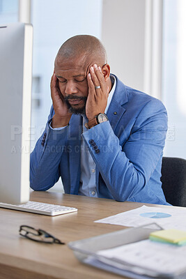 Buy stock photo Headache of tired professional man on computer for project deadline, mental health or career anxiety problem. Sad, depression and burnout of business person or employee fatigue, stress and overworked