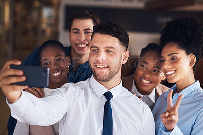 Buy stock photo Selfie, professional people and office team or group in corporate diversity, staff peace sign and coworking online. Happy corporate friends, career influencer or employees in profile picture or image