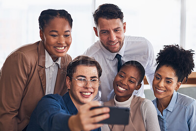 Buy stock photo Selfie, office team and professional people in group for corporate diversity, staff photography and coworking post. Happy corporate friends, career influencer or employees in profile picture or image