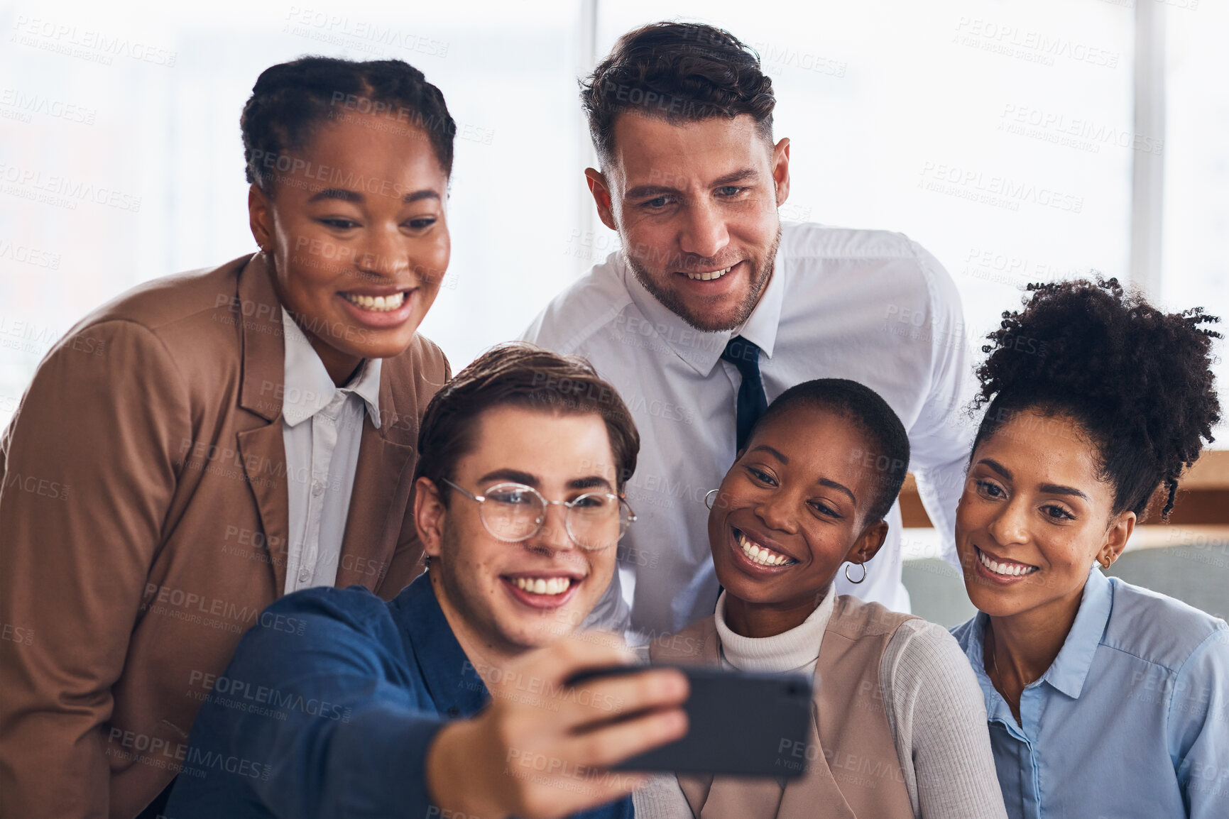 Buy stock photo Selfie, office team and professional people in group for corporate diversity, staff photography and coworking post. Happy corporate friends, career influencer or employees in profile picture or image