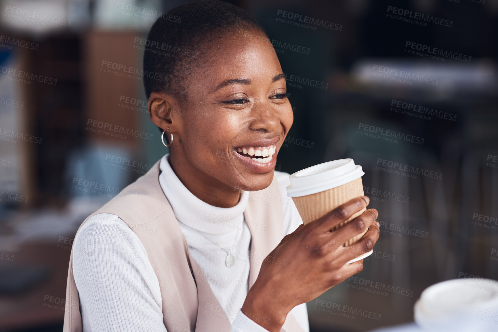 Buy stock photo Business, coffee and black woman with smile, relax and laughing with confidence, formal and advertising. African American female leader, manager and entrepreneur with tea, happiness and opportunity