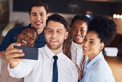 Buy stock photo Selfie, group smile and business people in social media post, online corporate diversity and office staff photography. Happy professional friends, career influencer or employees in a profile picture