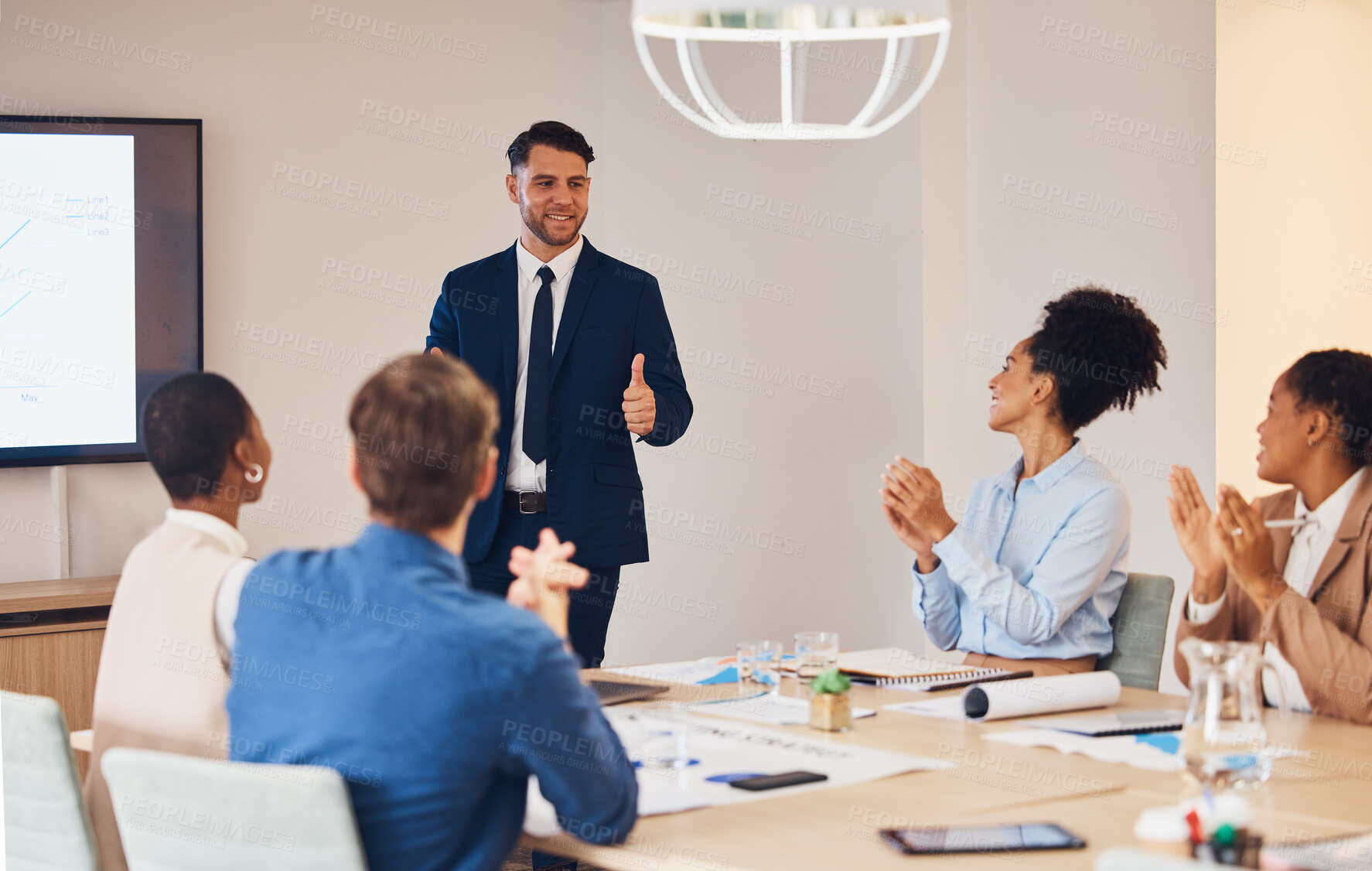 Buy stock photo Thumbs up, CEO presentation or happy business people meeting together in b2b group or startup project. Success, applause or employees smile planning our vision, mission strategy or agency team goals