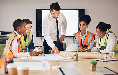 Buy stock photo Architecture, construction or engineering team in meeting for innovation and development project planning. Group collaboration, contractor and communication with manager and women for office building