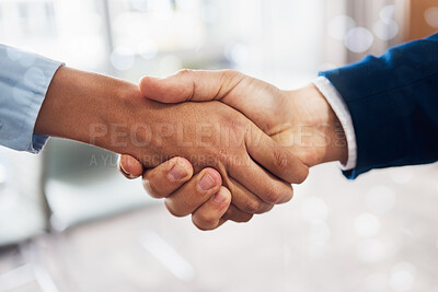 Buy stock photo B2b, black woman or businessman handshake in deal, meeting or startup project partnership together. Teamwork, crm or people shaking hands for sales goals, bonus target or hiring agreement in office 