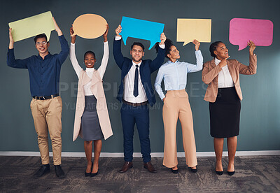 Buy stock photo Diversity, staff and business people with speech bubbles, communications or ideas for new project. Multiracial, female coworkers or male employees with feedback, sign or voices with opinion and smile