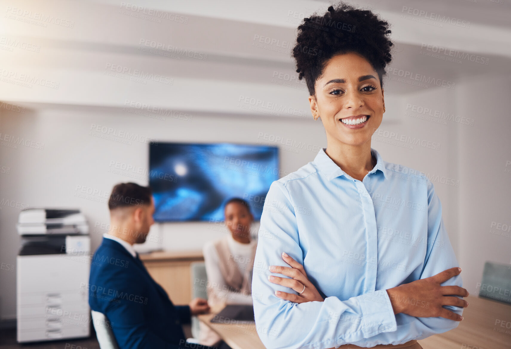 Buy stock photo Pride, executive and portrait of a woman with arms crossed for business, meeting and coworking. Smile, happy and corporate employee with confidence, experience and management of a seminar at work