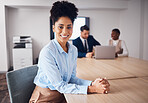 Happy, smile and portrait of black woman in boardroom for meeting, planning and conference. Executive, professional and confident with employee at company for positive, strategy and opportunity 