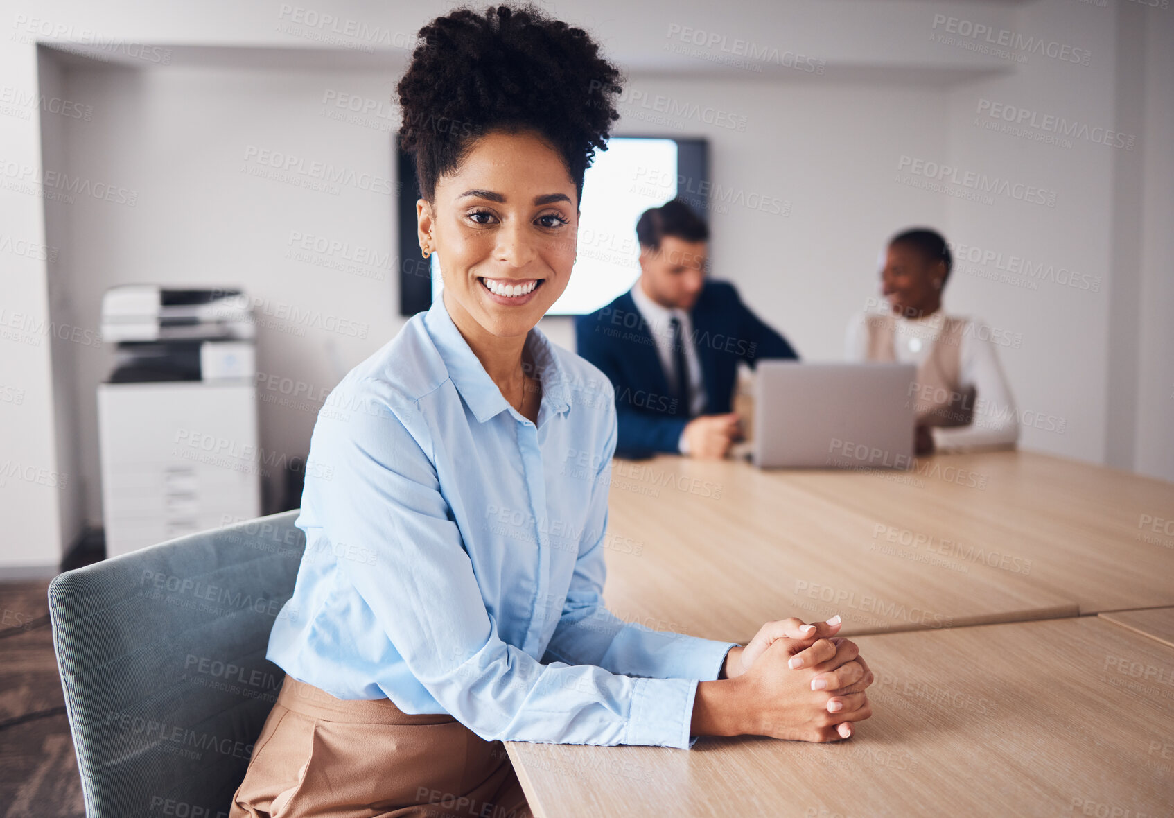 Buy stock photo Happy, smile and portrait of black woman in boardroom for meeting, planning and conference. Executive, professional and confident with employee at company for positive, strategy and opportunity 